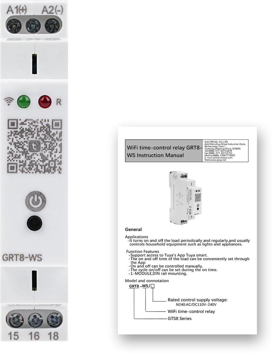 GRT8-WS WiFi tijdschakelaar DIN-rail 16A 230V - Tijdrelais - Slimme WiFi-schakelaar met timer en vertragingsrelais AC/DC 110‑240V - bediening via Tuya/Smart Life app - voor verlichting en apparatuur - installatieautomaat