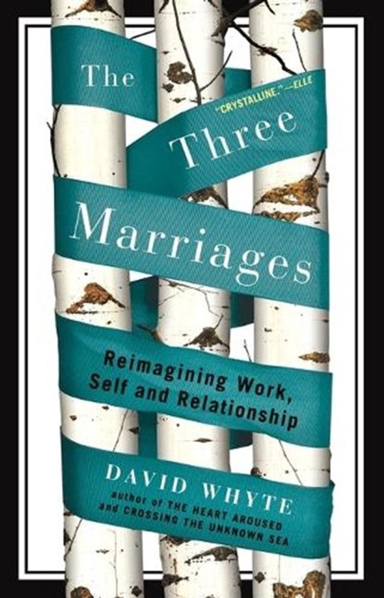 Boekomslag met de titel 'The Three Marriages' door David Whyte. Een turquoise lint wikkelt zich om berkenstammen.