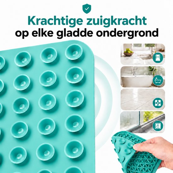 Turkooisblauwe likmat met 49 sterke zuignappen op de achterkant, gedemonstreerd op een glazen oppervlak.