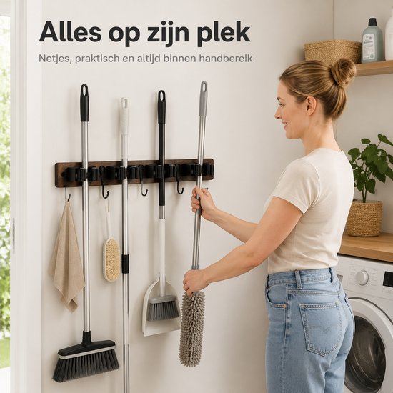 BOTC Bezemhouder - Bezem Ophangsysteem Tuingereedschap - Bezemhouder met 5 Antislip Klemmen - Bruin van BOTC — afbeelding 4