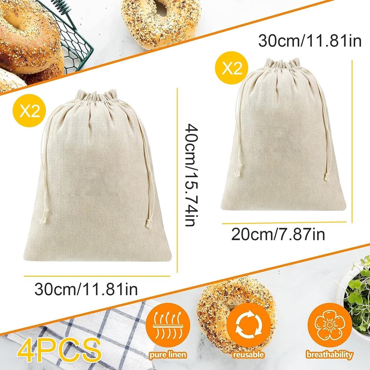Set van 4 Linnen Broodzakken - Zwart - 2 x 30 x 40 cm, 2 x 20 x 30 cm - Wasbaar en Herbruikbaar - Voor Brood, Fruit en Groenten