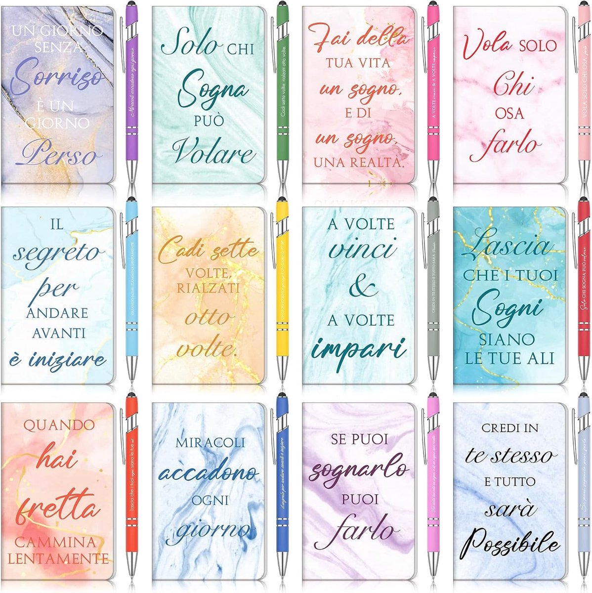 12 sets inspirerende notitieboeken en balpen met kleine motiverende citaten, motivatienotitieboeken in zakformaat, voor collega's, school, kantoor, afstudeerseizoen, kerstcadeau