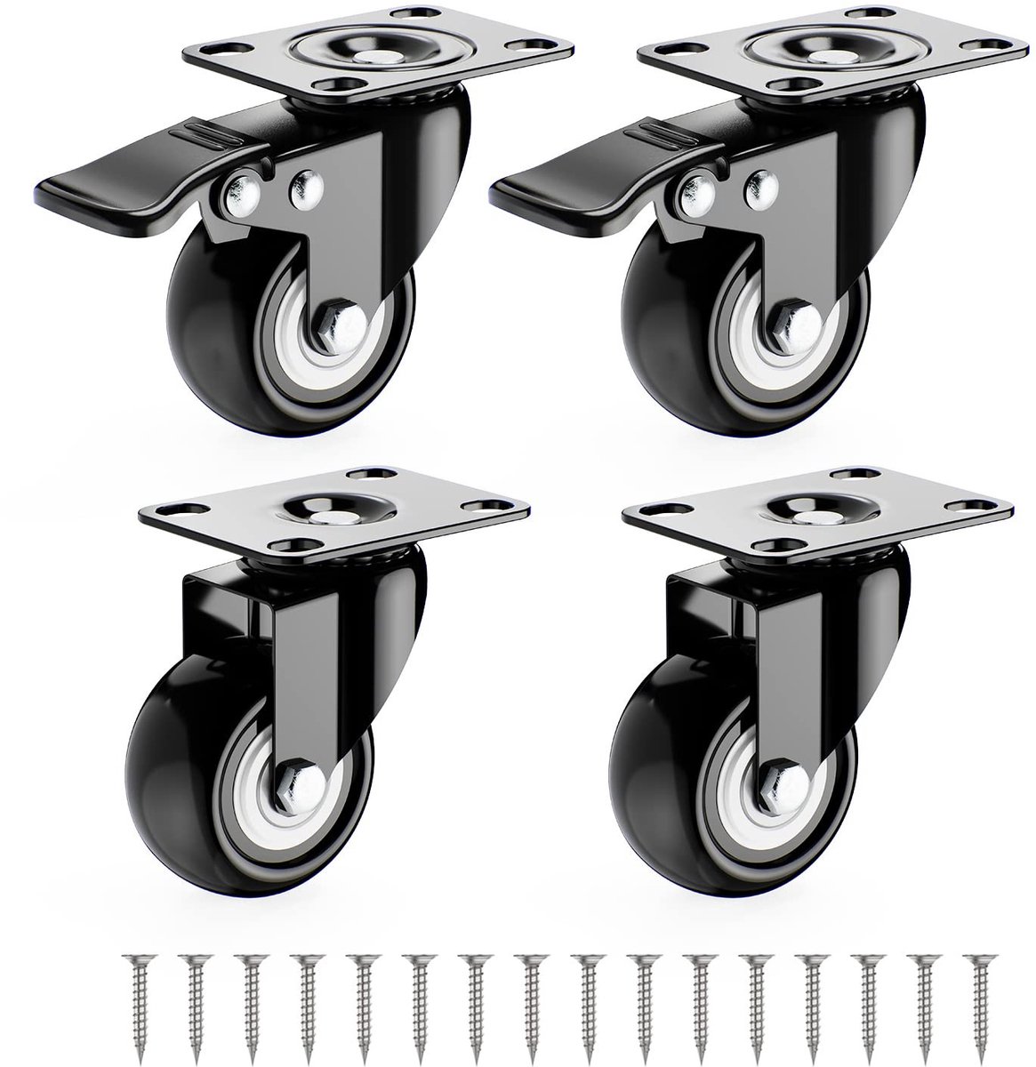 Meubelwielen 50 mm Set van 4 - Zwart - Met en zonder Rem