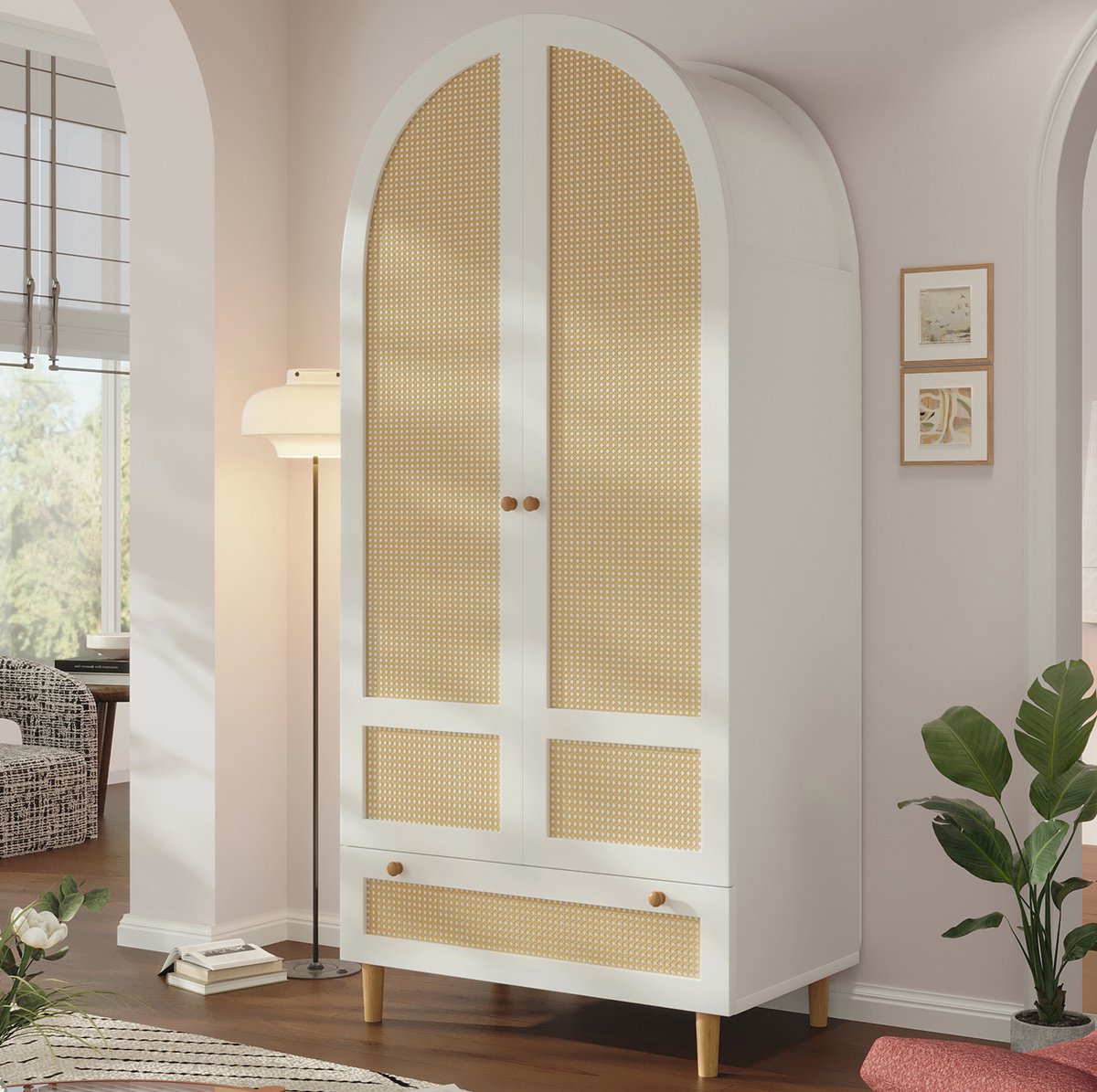 MIVRAY Kast - Witte Kledingkast Met Bogen Design En Rattan Optiek - Met Kleerrail En Lade - Voor Slaapkamer En Hal - MDF - 80x50x180 Cm