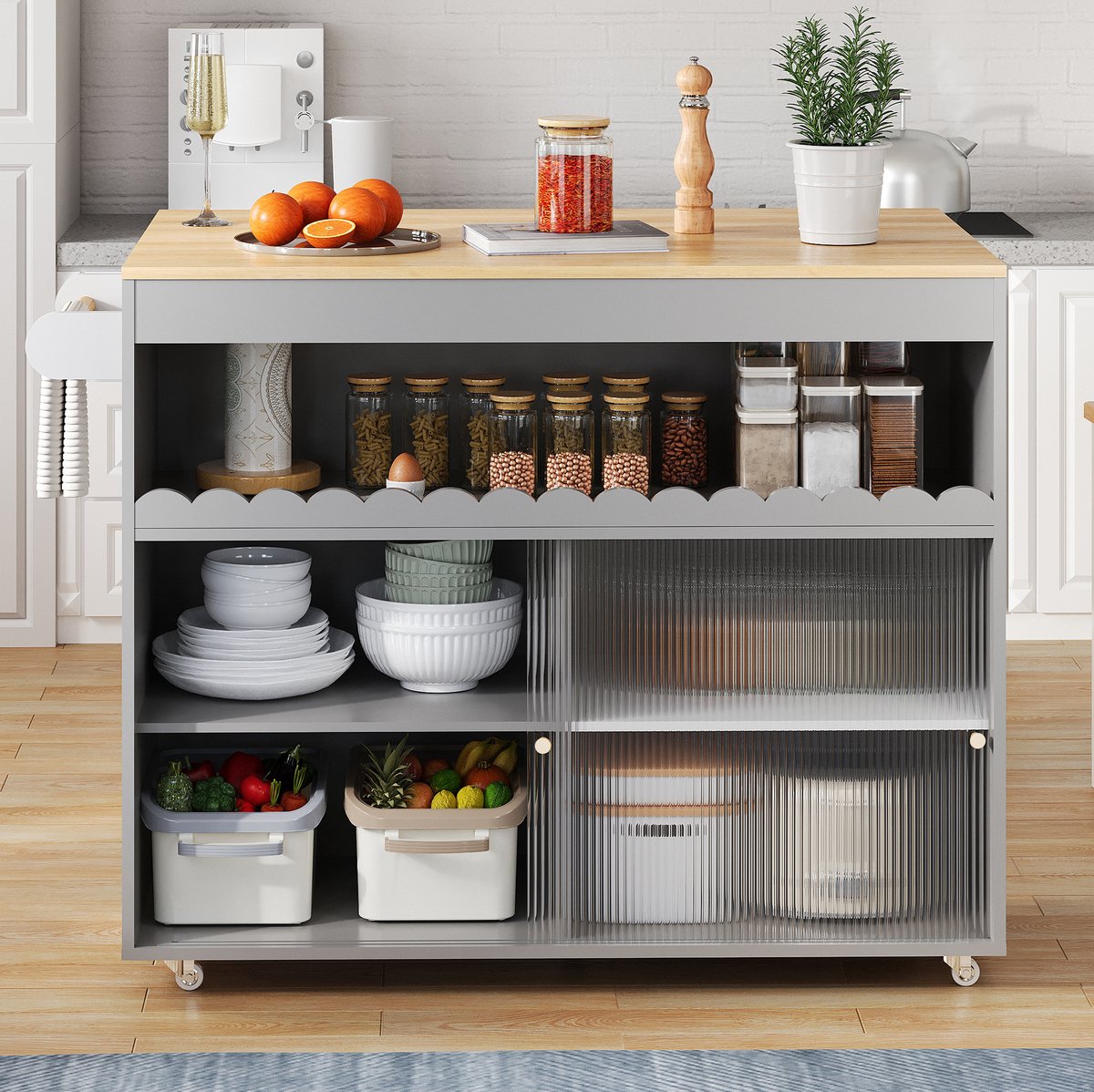 MODENUIT Keukenkast – Klapbaar Werkblad – 122 x 46(69) x 91 cm – MDF – Grijs – Met Wielen