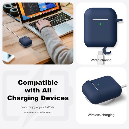 Compatibel met AirPods 2e generatie 2019,1e generatie 2016 Oplaadhoes, Zachte siliconen beschermhoes voor Apple AirPods met reinigingsset en sleutelhanger,Middernachtblauw van compatibel — afbeelding 3