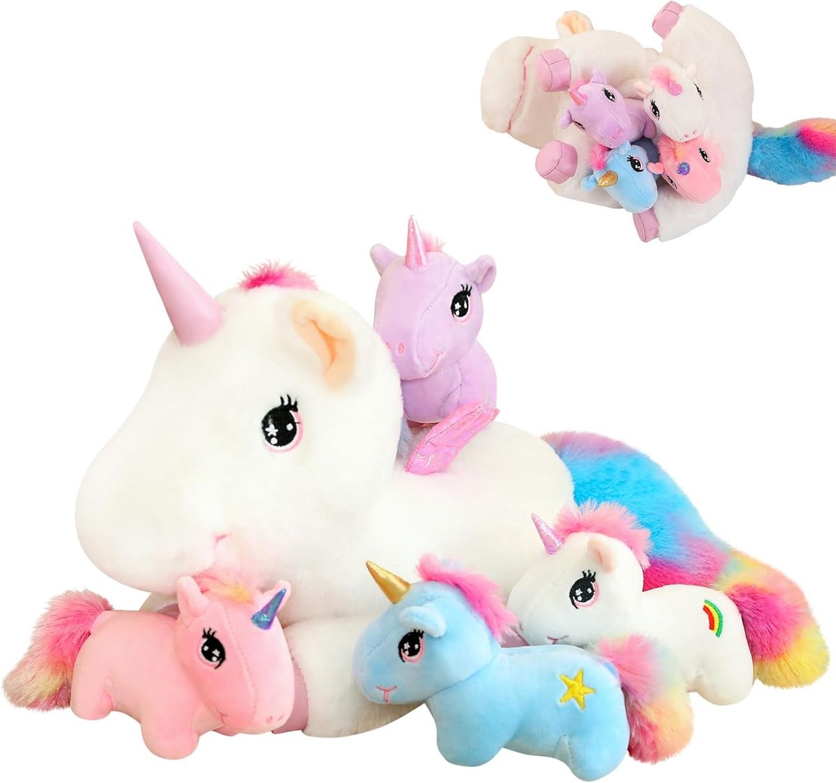 Schattige Eenhoorn Pluche Speelgoed met 4 Baby Eenhoorns, Regenboog Vliegend Kussen met Vleugels, Perfect als Verjaardagscadeau of Valentijnsdag Geschenk voor Kinderen