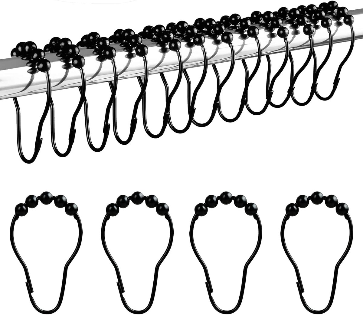 Ringen, douchegordijnhaken, roestvrij staal, ophangringen met glijsysteem, 12 afzonderlijke haken, 69 x 39 mm (zwart)