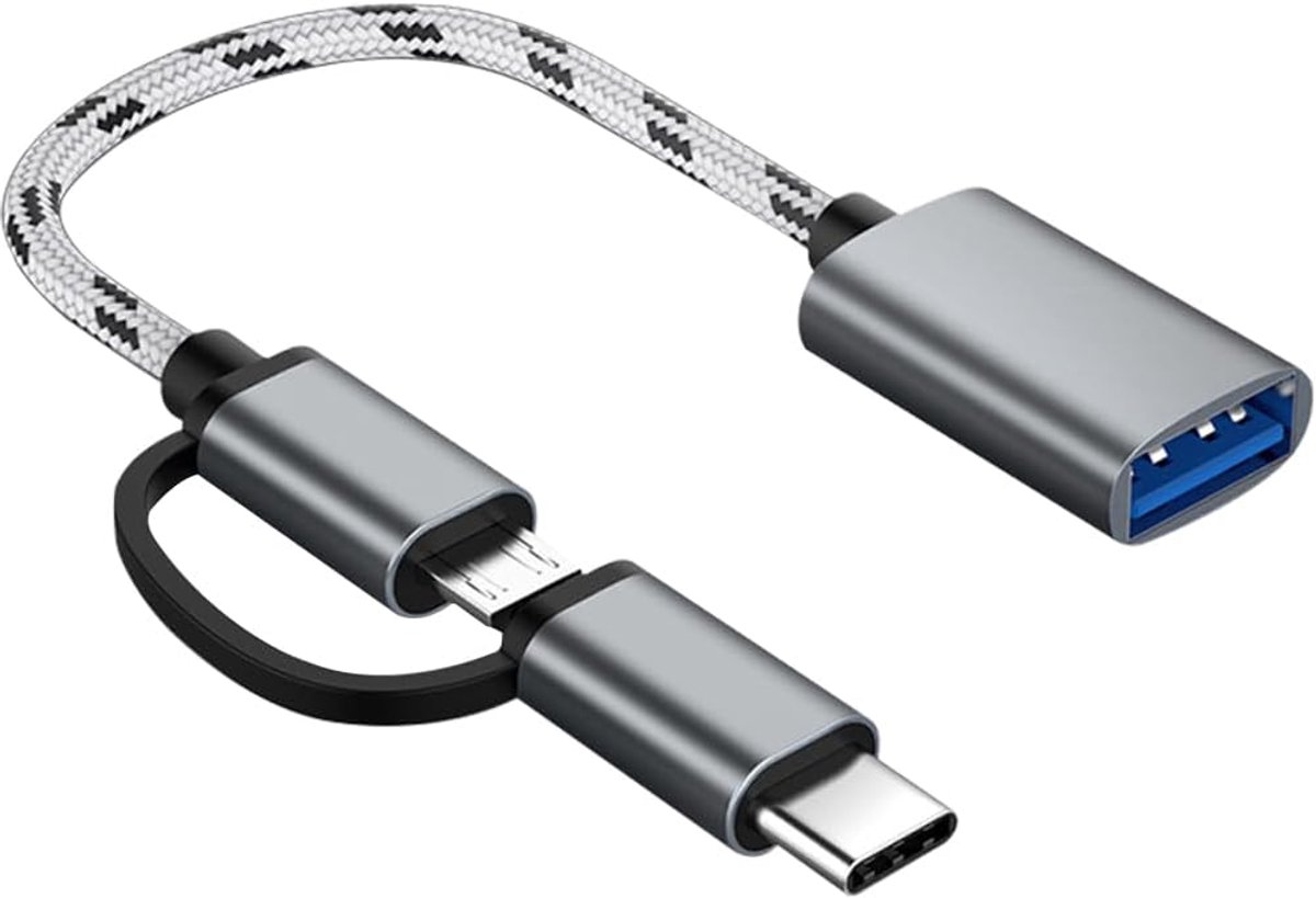 2-in-1 USB C/Micro USB naar USB Adapter, USB naar USB C OTG adapterkabel | Compatibel met iphone 17/16/15, Samsung Galaxy S25/S24/S23/S22/S21, Google Pixel en meer Android Apparaten, Grijs