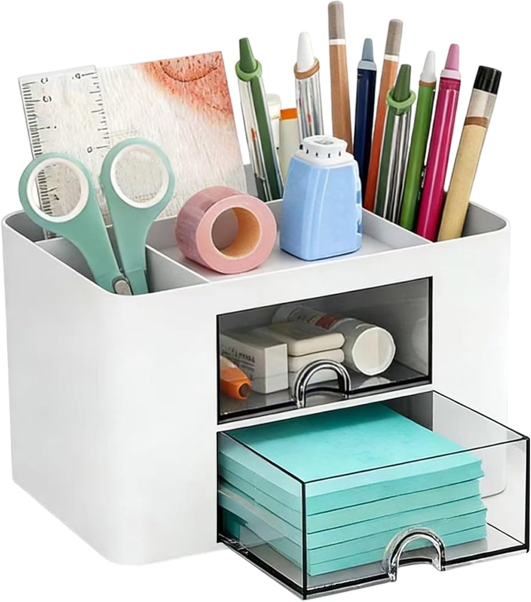 Bureau-organizer, multifunctionele bureau-organizer, opslag van kunststof met 5 vakken, 2 uittrekbare laden, organizer voor thuis, school, kantoor