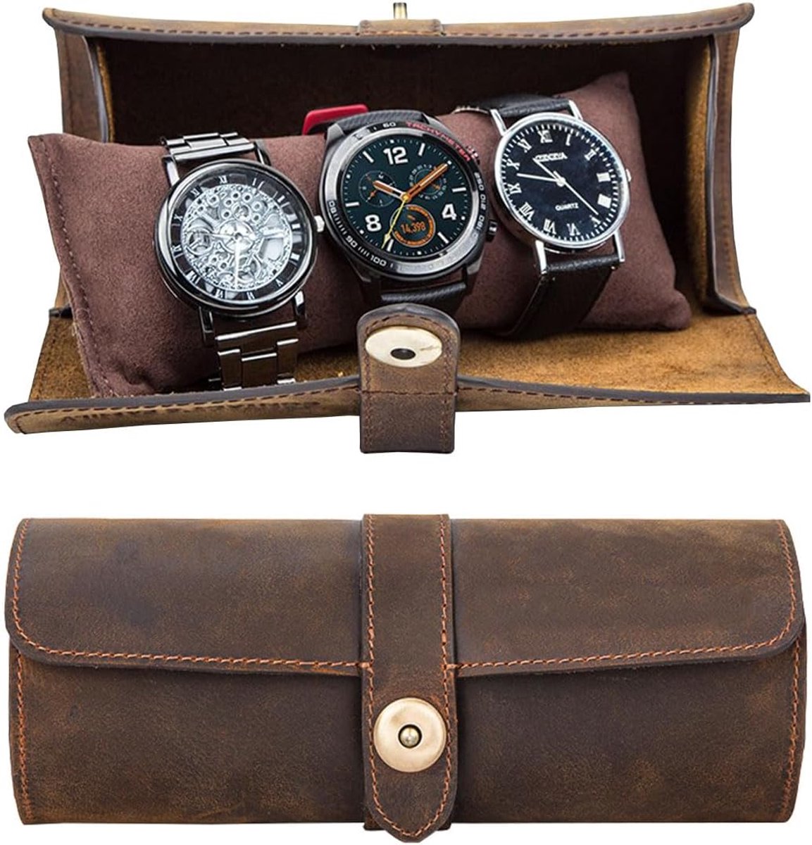 Bruin Lederen 3-Horloges Roll Case voor Armbanden, Horloge Opslag