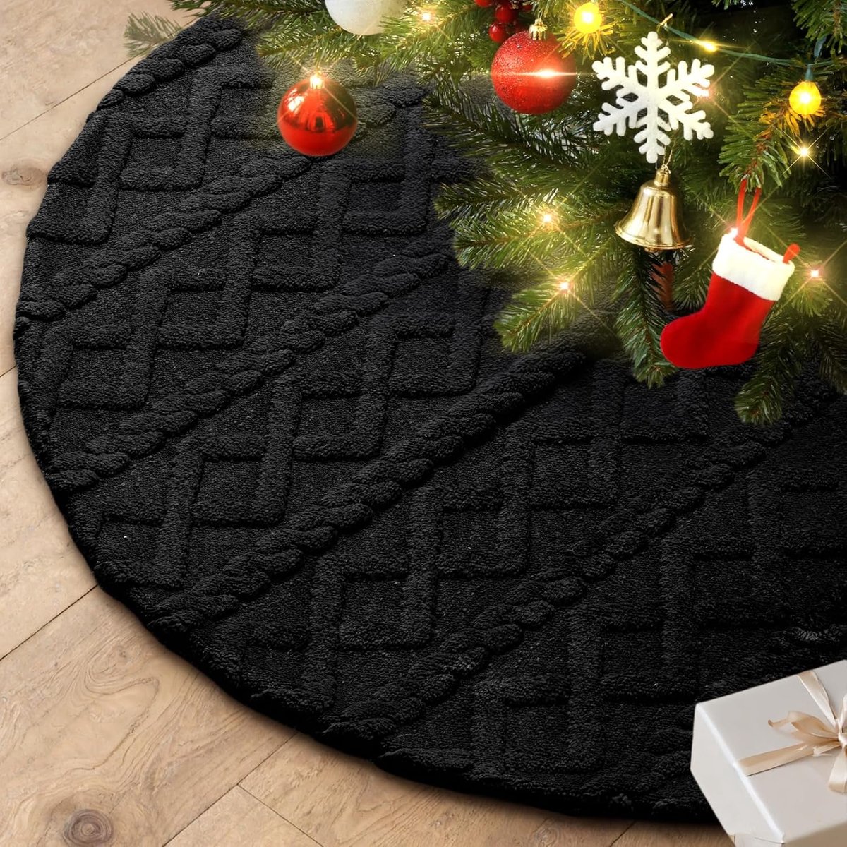 Kerstboomrok 60 cm, Diamant Kerstboom Rok van imitatiebont Pluche Kerstboomrokken Kerstboomdeken Kerstboom Basishoes voor kleine mini-potloodkerstboom Winter Binnen Kerstmis Decoratie (Zwart)