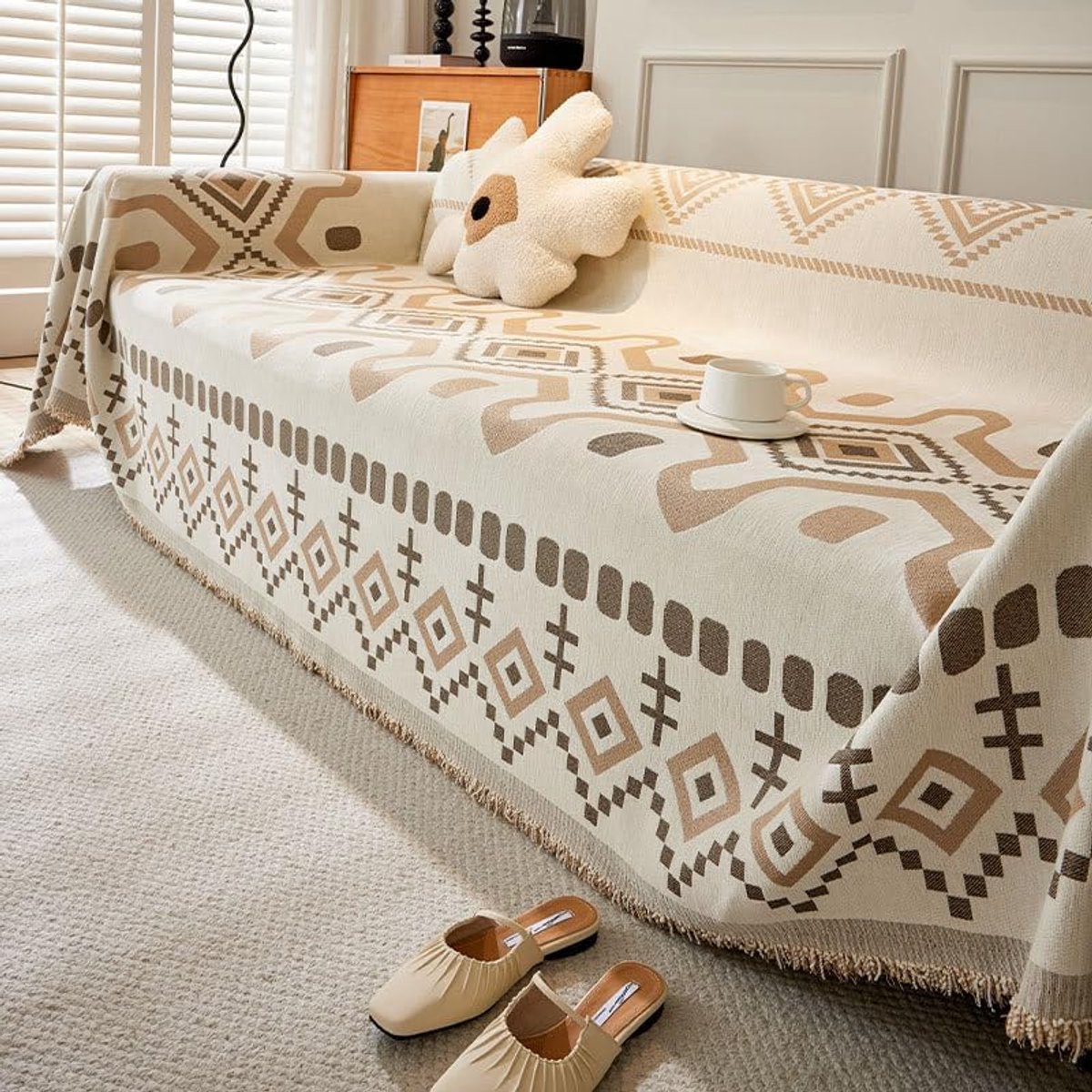 Sofa gooit 1/2/3/4-zits geweven bankdeken met kwastjes omkeerbare veelzijdige plaids voor banken zachte plaids voor bankstellen bank slaapbank 180 x 230 cm-kaki