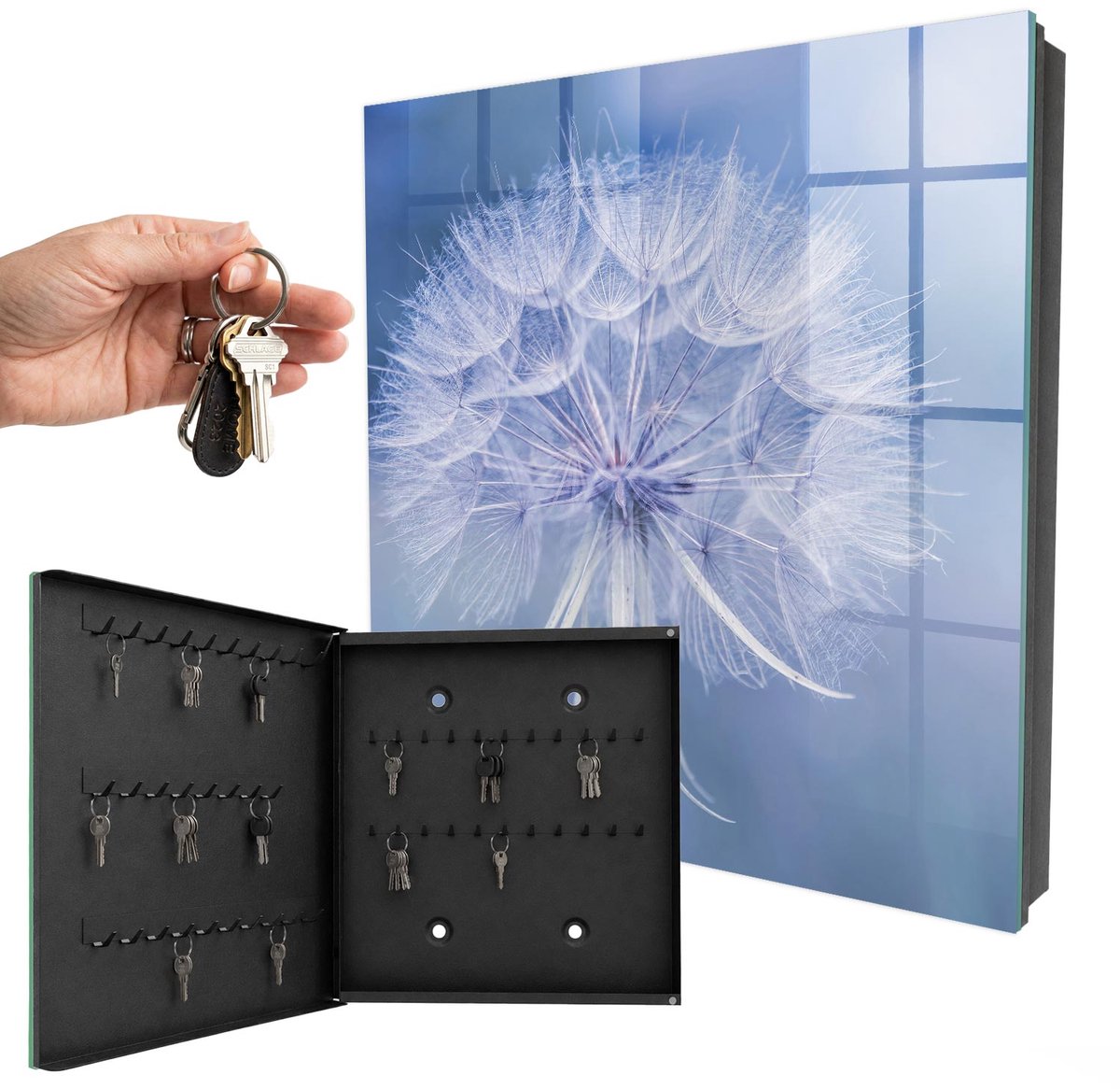 WallMuralia - Sleutelkast - 30x30x5 cm - met 50 haken - Subtiele Paardenbloem Leuk Sleutelkastje - Blauw Sleutelbox - Linksopenend - Zwart interieur