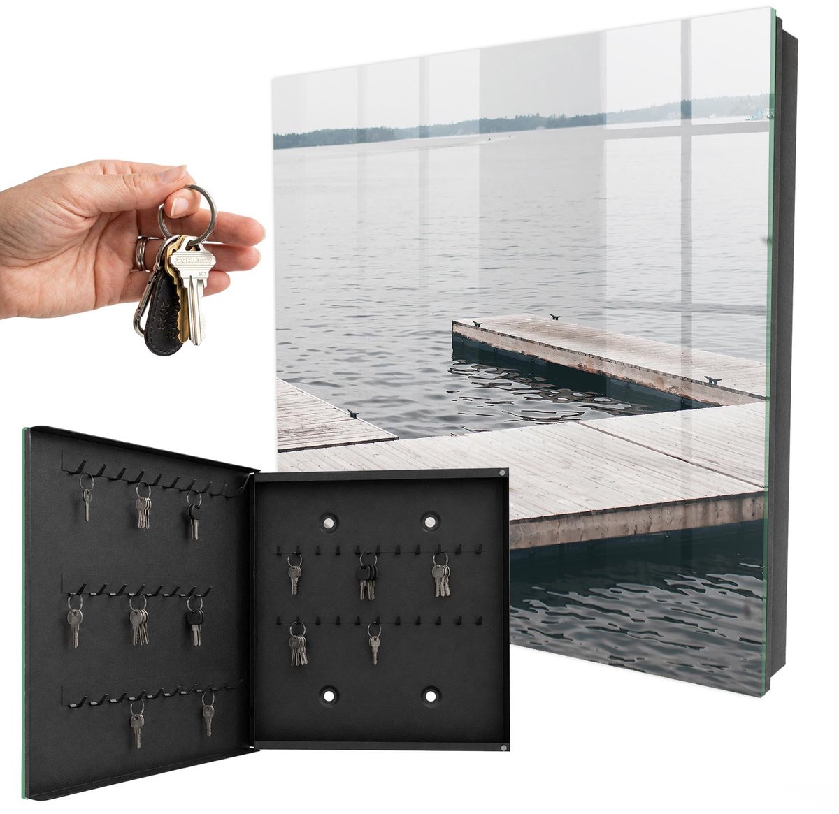 WallMuralia - Sleutelkast - 30x30x5 cm - met 50 haken - Houten Steiger Sleutelkastje Industrieel - Grijs Sleutelbox - Linksopenend - Zwart interieur