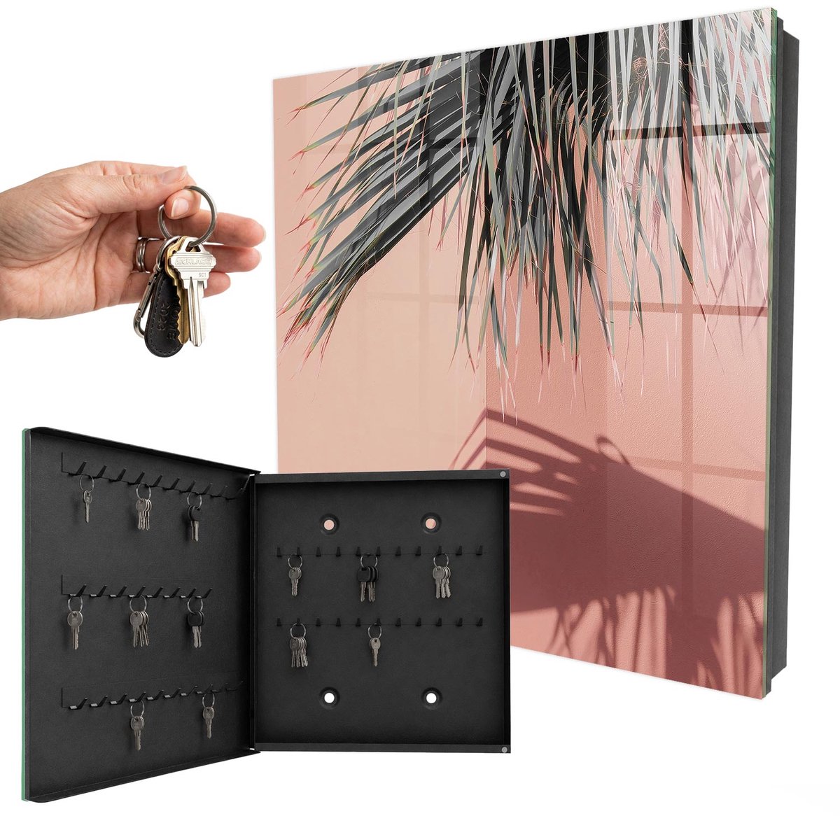 WallMuralia - Sleutelkast - 30x30x5 cm - met 50 haken - Tropische Elegantie Sleutelkastje Gang - Roze Sleutelbox - Linksopenend - Zwart interieur