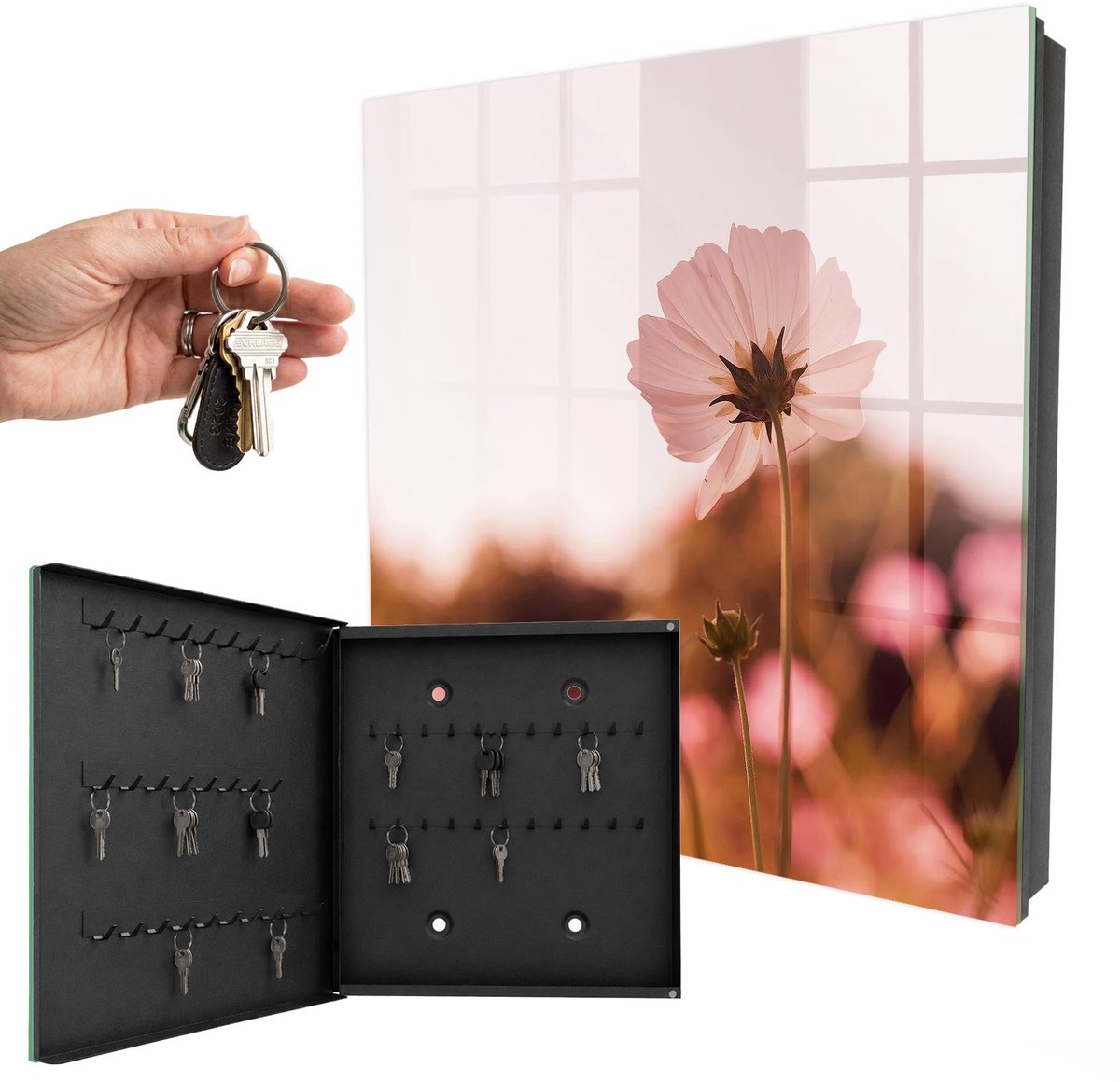 WallMuralia - Sleutelkast - 30x30x5 cm - met 50 haken - Bloemige Elegantie Groot Sleutelkastje - Roze Sleutelbox - Linksopenend - Zwart interieur
