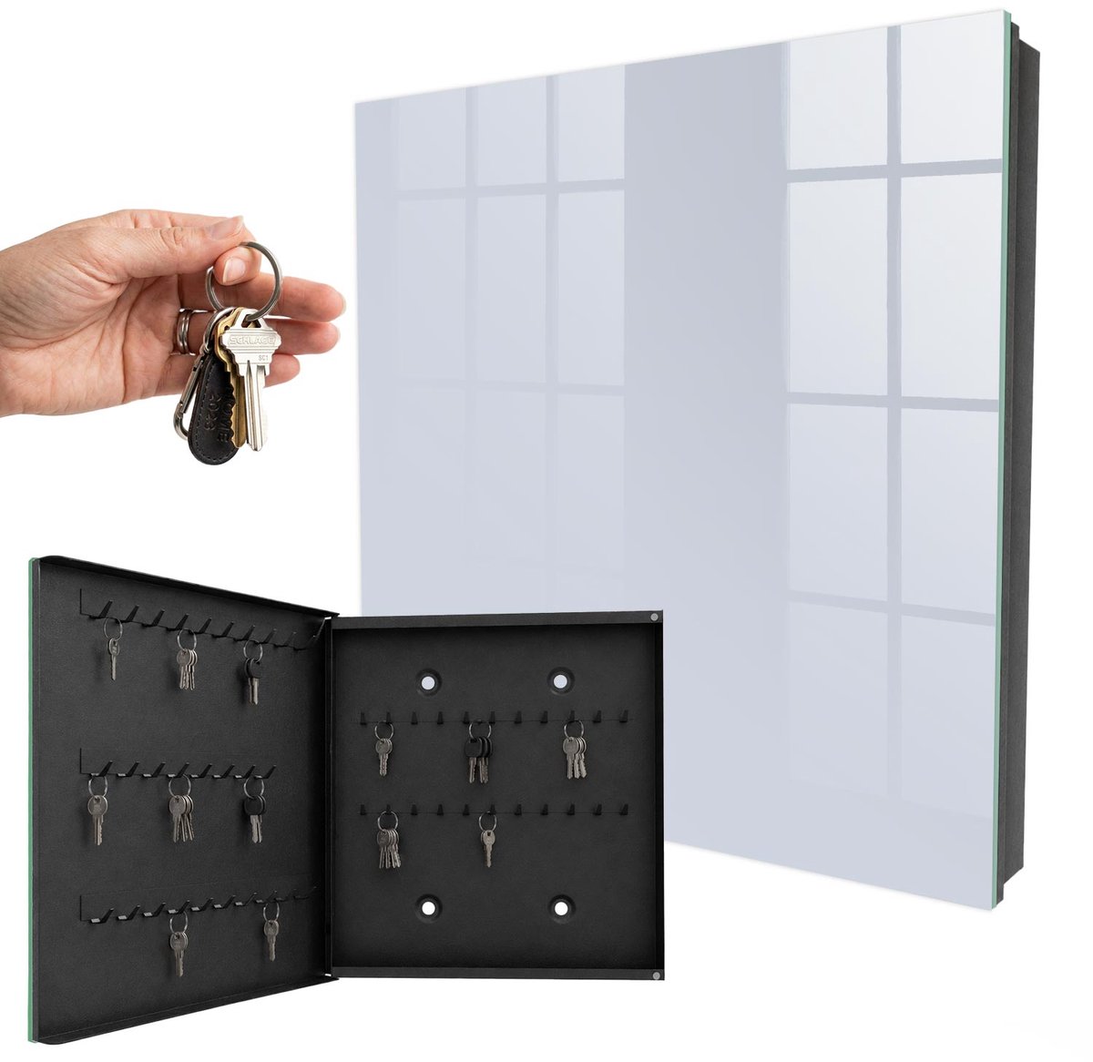 WallMuralia - Sleutelkast - 30x30x5 cm - met 50 haken - Grijsblauw Design Sleutelkastje - Grijs Sleutelbox - Linksopenend - Zwart interieur