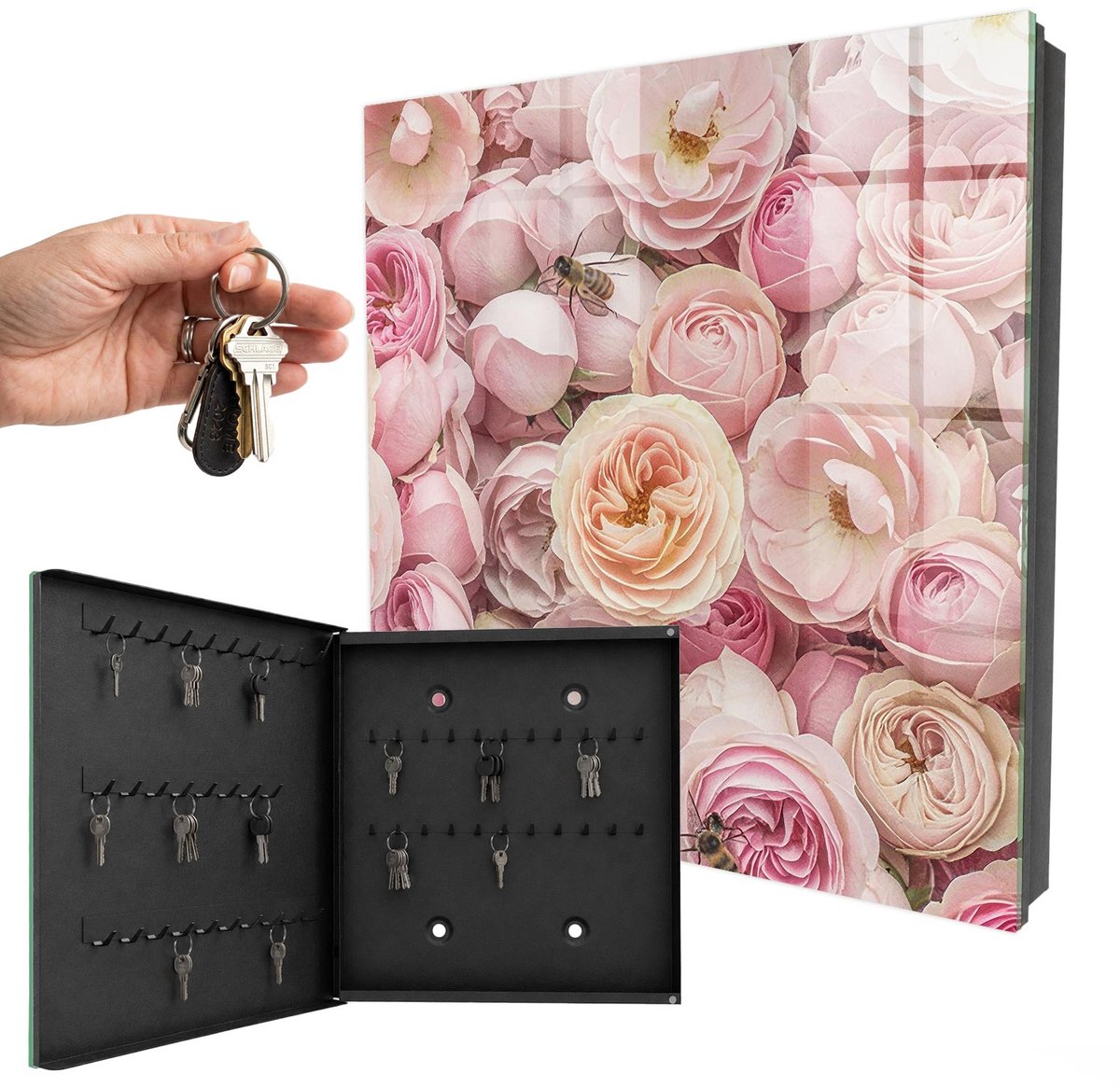 WallMuralia - Sleutelkast - 30x30x5 cm - met 50 haken - Roze, Prachtig Sleutelkastje Design - Roze Sleutelbox - Linksopenend - Zwart interieur