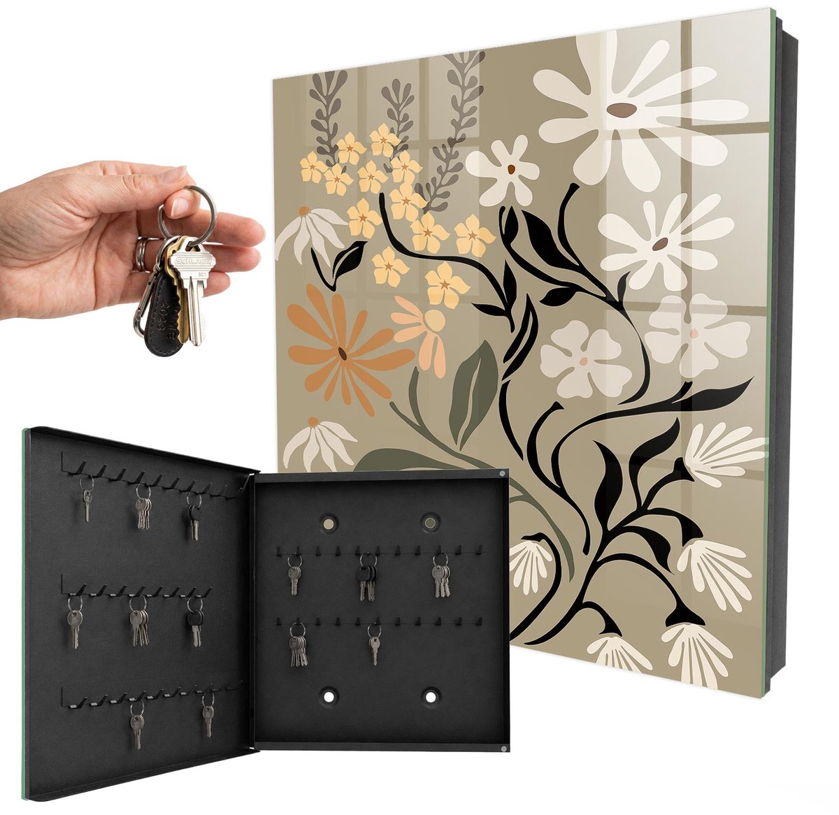 WallMuralia - Sleutelkast - 30x30x5 cm - met 50 haken - Bloemenmotief Sleutelkastje Binnen - Beige Sleutelbox - Linksopenend - Zwart interieur