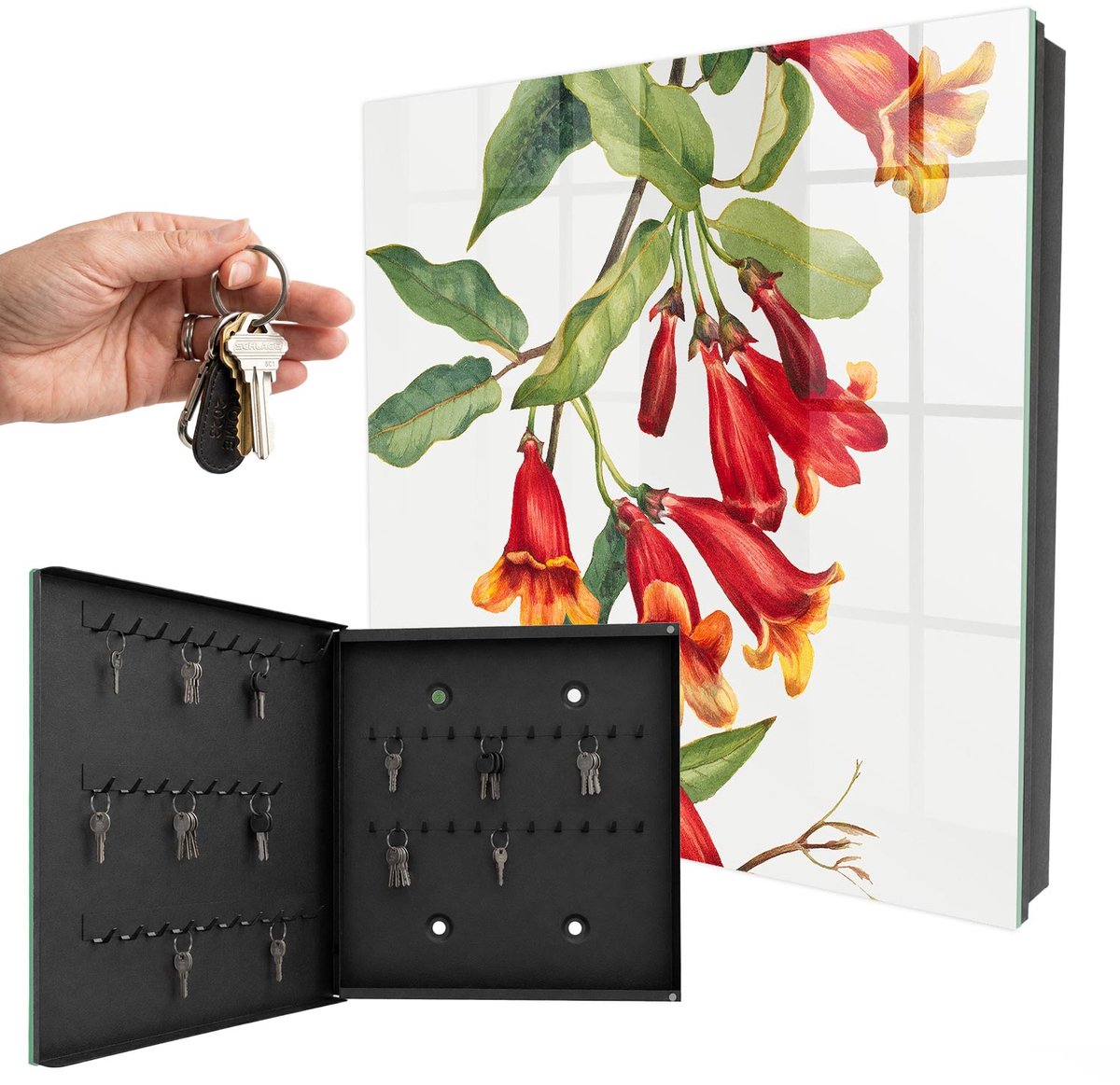 WallMuralia - Sleutelkast - 30x30x5 cm - met 50 haken - Rode Bloemen Sleutelkastje Voor Binnen - Rood Sleutelbox - Linksopenend - Zwart interieur