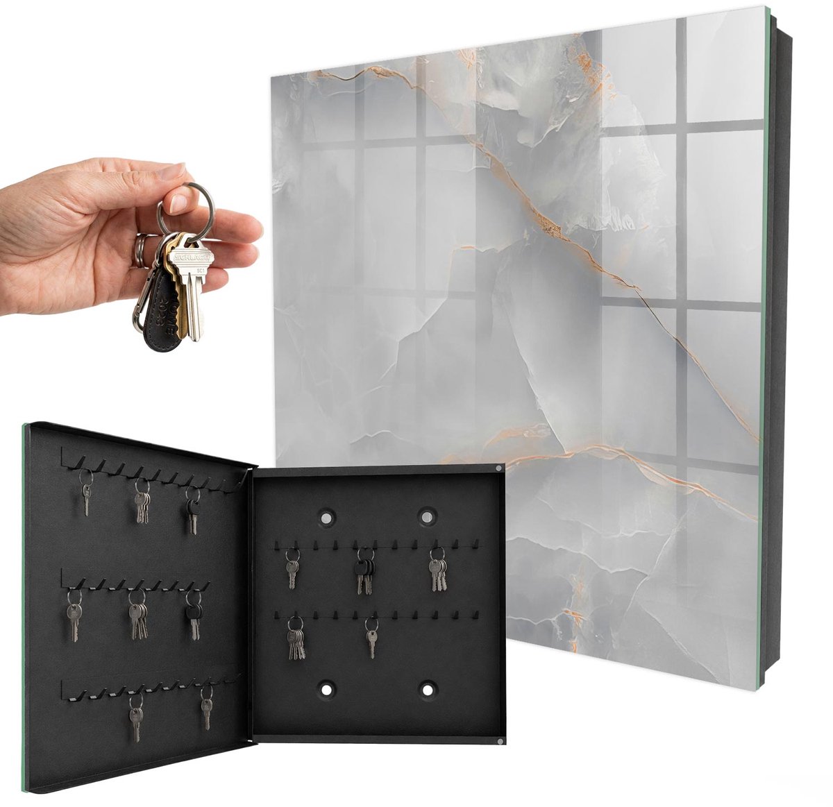 WallMuralia - Sleutelkast - 30x30x5 cm - met 50 haken - Grijze Elegantie Sleutelkastje Landelijk - Grijs Sleutelbox - Linksopenend - Zwart interieur