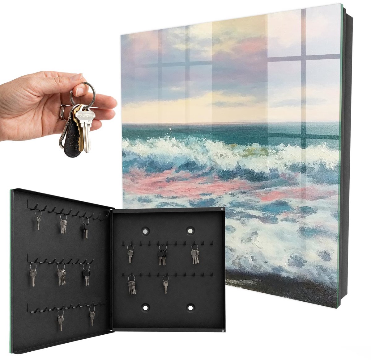WallMuralia - Sleutelkast - 30x30x5 cm - met 50 haken - Zeegezicht Sleutelkastje Binnen - Blauw Sleutelbox - Linksopenend - Zwart interieur