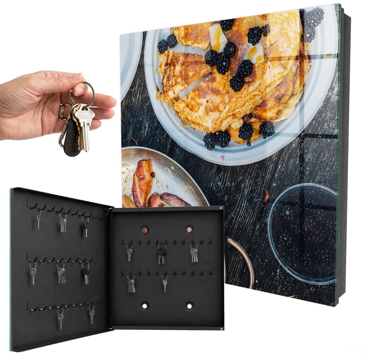 WallMuralia - Sleutelkast - 30x30x5 cm - met 50 haken - Zelfgemaakt Ontbijt Sleutelkastje Voor Binnen - Bruin Sleutelbox - Linksopenend - Zwart interieur