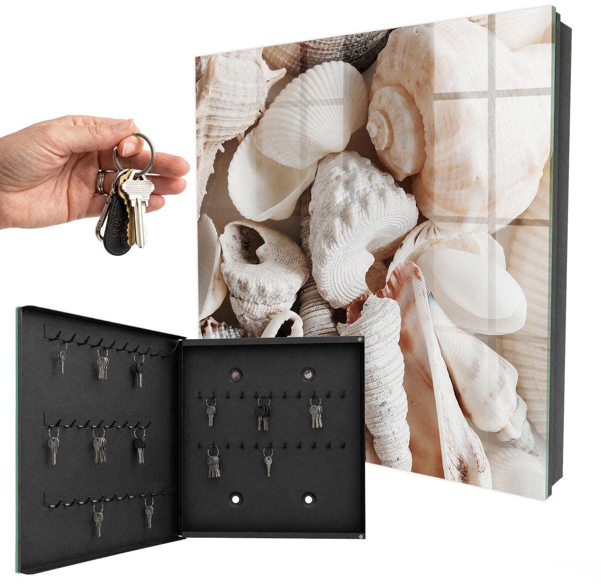 WallMuralia - Sleutelkast - 30x30x5 cm - met 50 haken - Harmonie Aan Zee Sleutelkastje Design - Wit Sleutelbox - Linksopenend - Zwart interieur