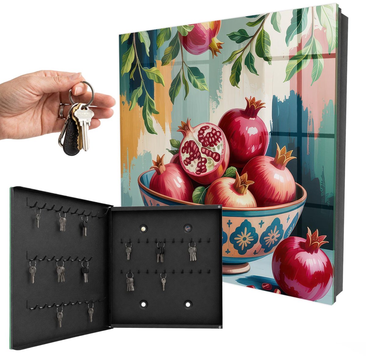 WallMuralia - Sleutelkast - 30x30x5 cm - met 50 haken - Fruitmotief Leuk Sleutelkastje - Rood Sleutelbox - Linksopenend - Zwart interieur