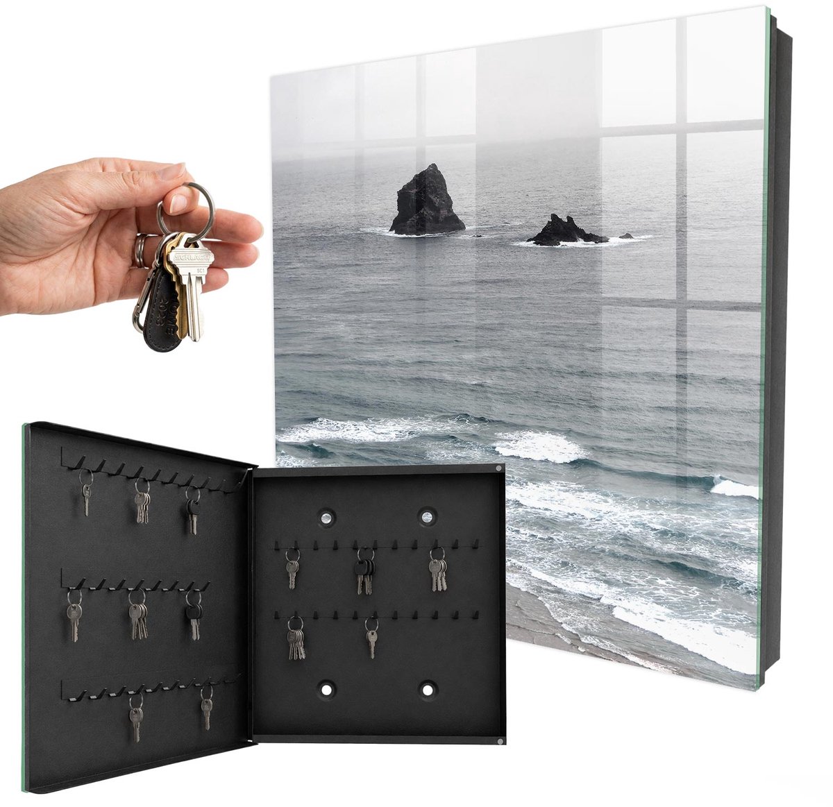 WallMuralia - Sleutelkast - 30x30x5 cm - met 50 haken - Zee Van Rotsen Groot Sleutelkastje - Grijs Sleutelbox - Linksopenend - Zwart interieur