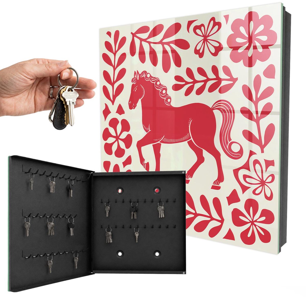 WallMuralia - Sleutelkast - 30x30x5 cm - met 50 haken - Volksillustratie Met Een Paardenmotief. Sleutelkastje Klein - Rood Sleutelbox - Linksopenend - Zwart interieur