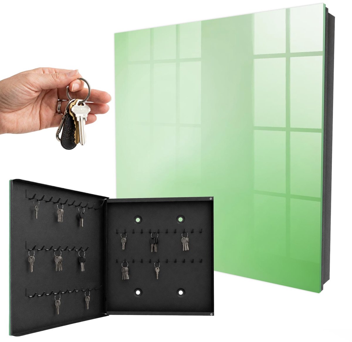 WallMuralia - Sleutelkast - 30x30x5 cm - met 50 haken - Groene Harmonie Sleutelkastje Industrieel - Groente Sleutelbox - Linksopenend - Zwart interieur
