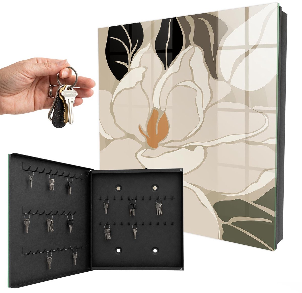 WallMuralia - Sleutelkast - 30x30x5 cm - met 50 haken - Plantaardige Elegantie Sleutelkastje Design - Beige Sleutelbox - Linksopenend - Zwart interieur