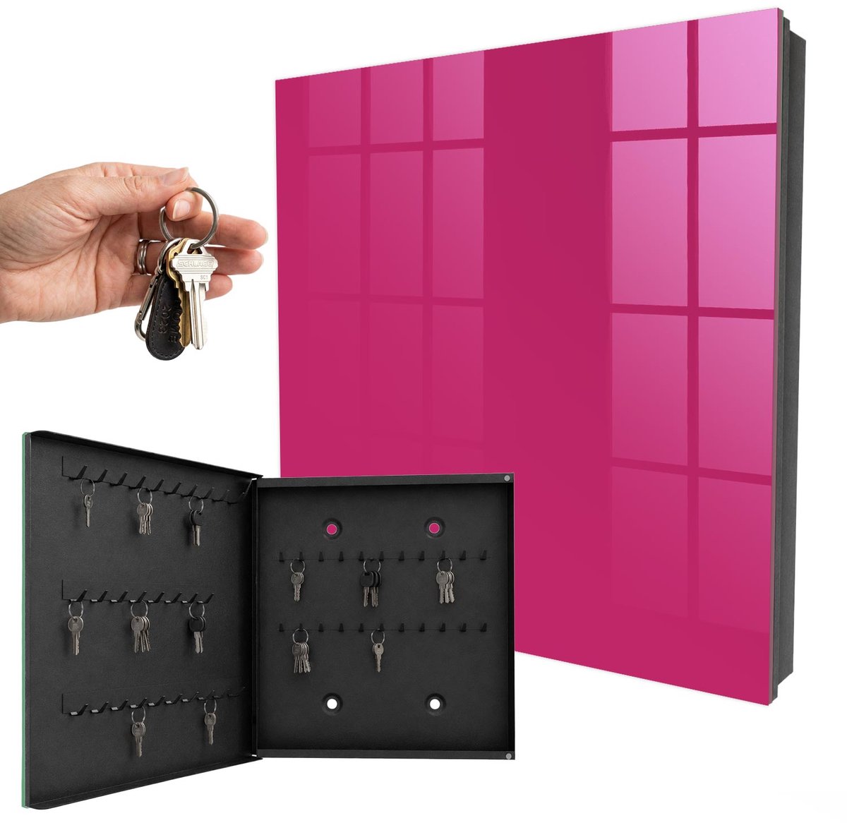 WallMuralia - Sleutelkast - 30x30x5 cm - met 50 haken - Intens Roze Sleutelkastje Klein - Roze Sleutelbox - Linksopenend - Zwart interieur