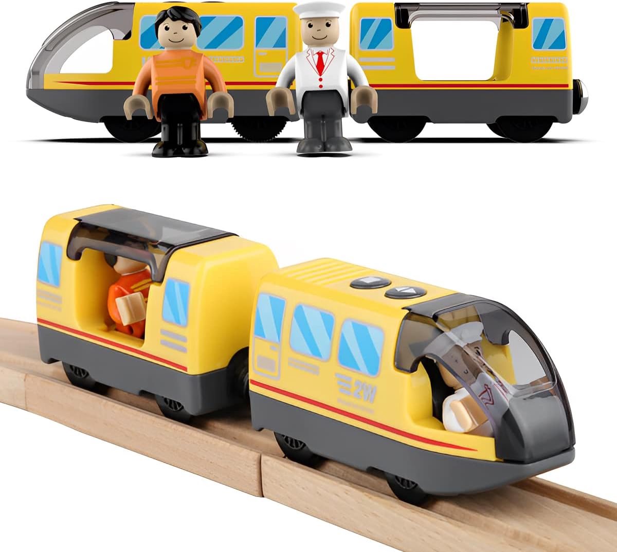 elektrische locomotief houten spoor, batterij-aangedreven trein, krachtige motortrein compatibel met Thomas, Brio, speelgoed voor kinderen peuter jongen, geel