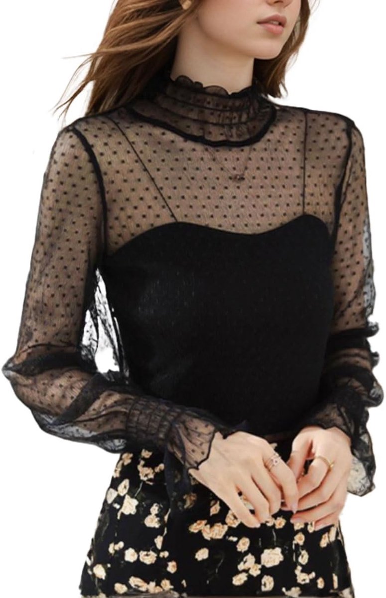 kanten crop tops voor dames, Y2K bloemen/polkadots, doorschijnend mesh bovenstuk, ruches, half-hoge nek, stijlvol clubparty, sexy doorzichtig bovenstuk, 2 stijlen, zwart/wit, M-XL