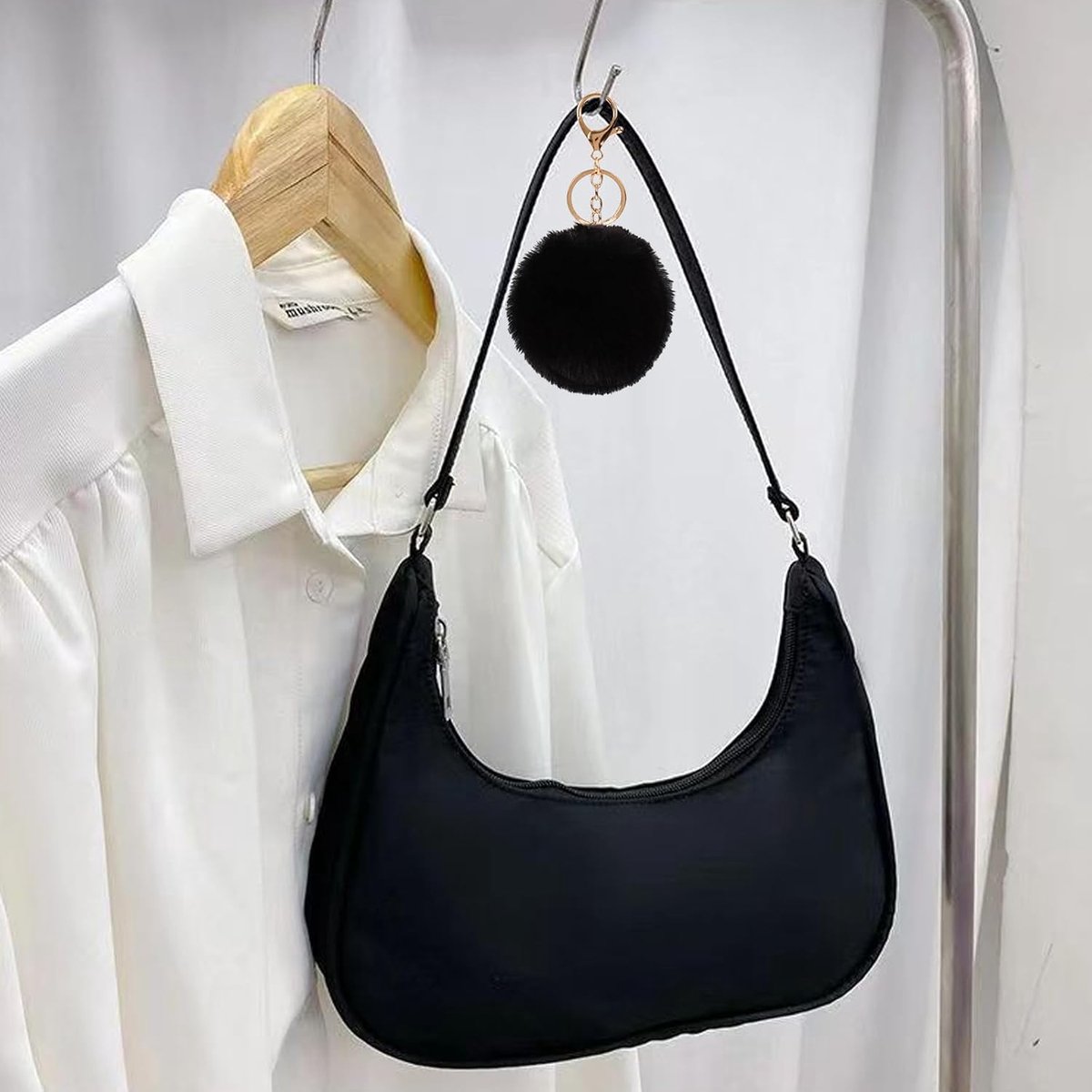 Schoudertas voor dames, van nylon, jaren '90 retro modieuze clutch met ritssluiting, zwart