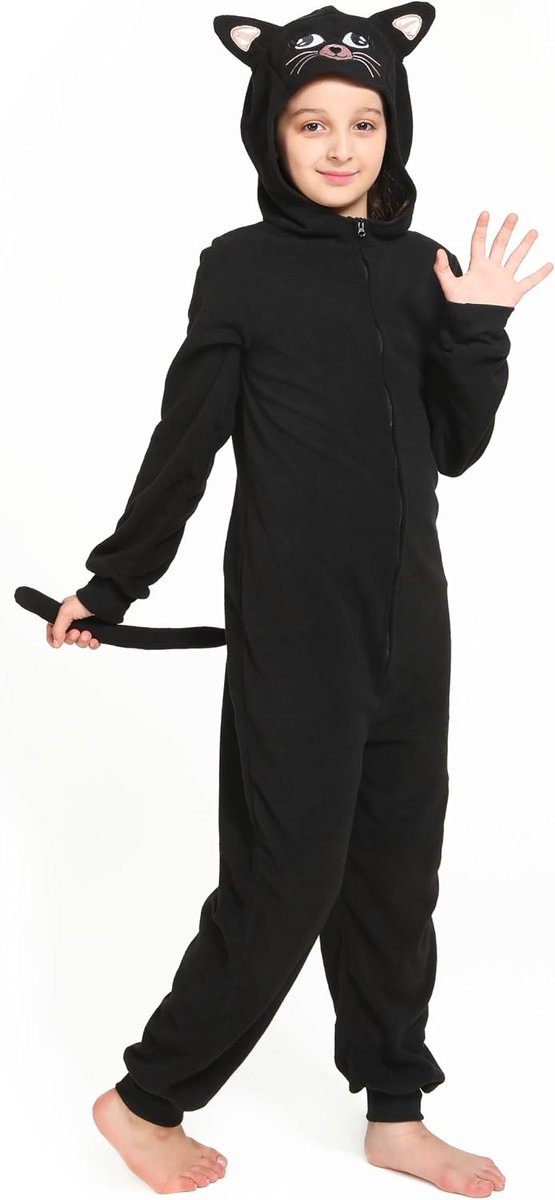 Party Zwart Kat Onesie Fleece Kat Kostuum voor Unisex Kinderen 2Xl