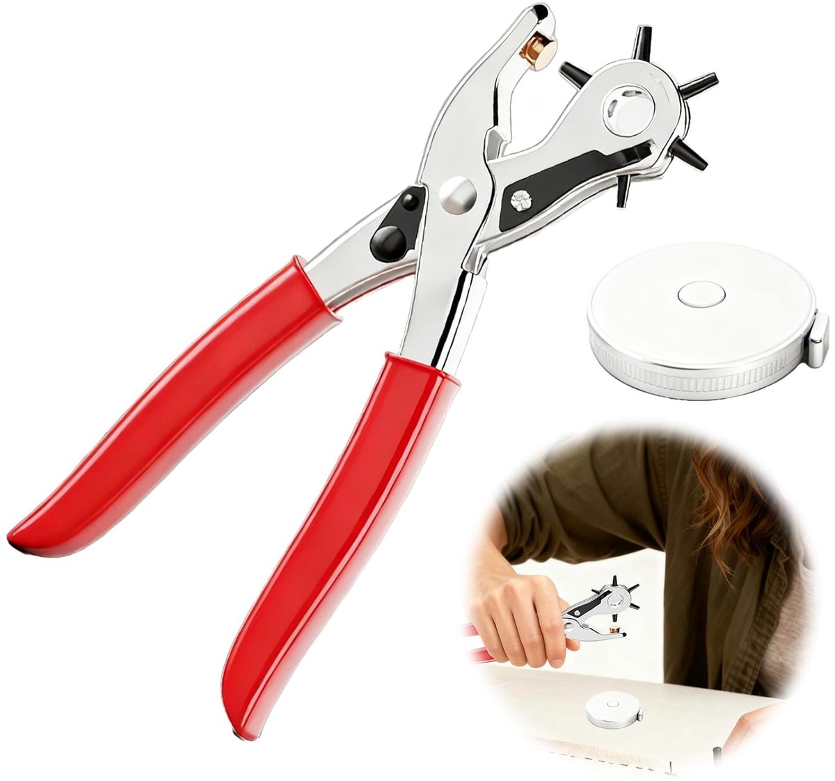 Gatentang voor leer, perforator, rond, riemgattang leer, 6 gaten, riemgattang, riemgattang, voor leren schoenen, riem, hondenhalsbanden, kaart, horlogebandjes, met 1 bandmaat