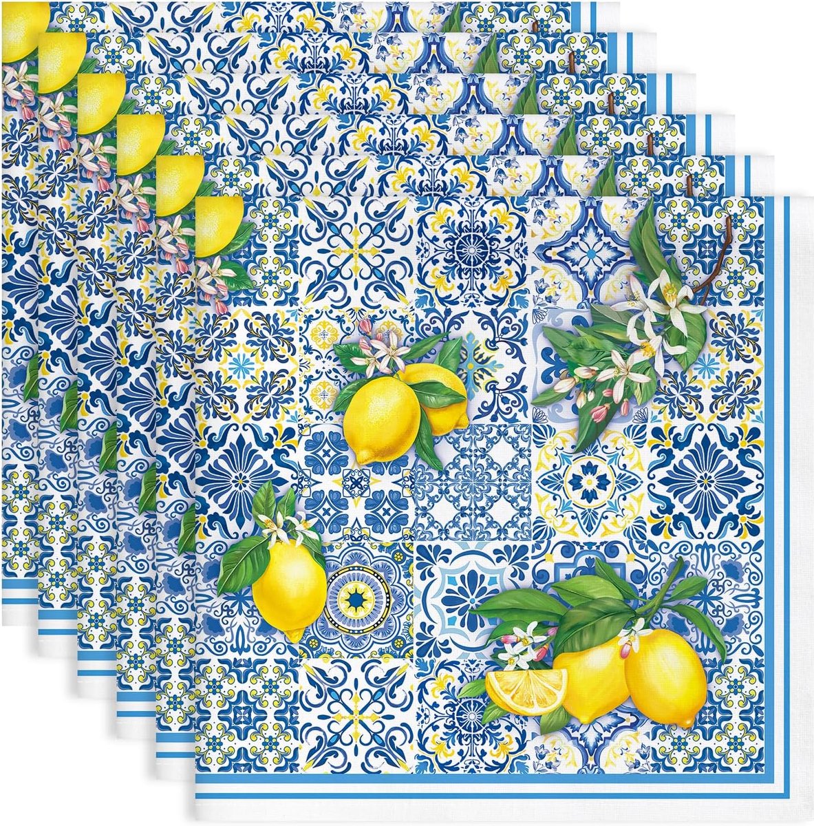 Citroen Katoenen Doek Servetten Blauwe Mediterrane Print Herbruikbare