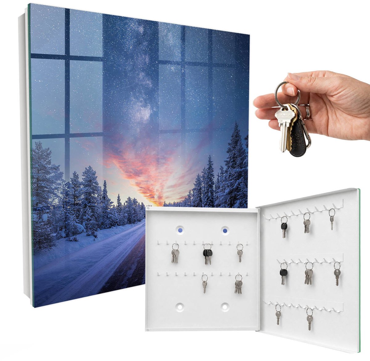 WallMuralia - Sleutelkast - 30x30x5 cm - met 50 haken - Sterren Boven De Weg Sleutelkastje Klein - Blauw Sleutelbox - Rechtsopenend - Wit interieur