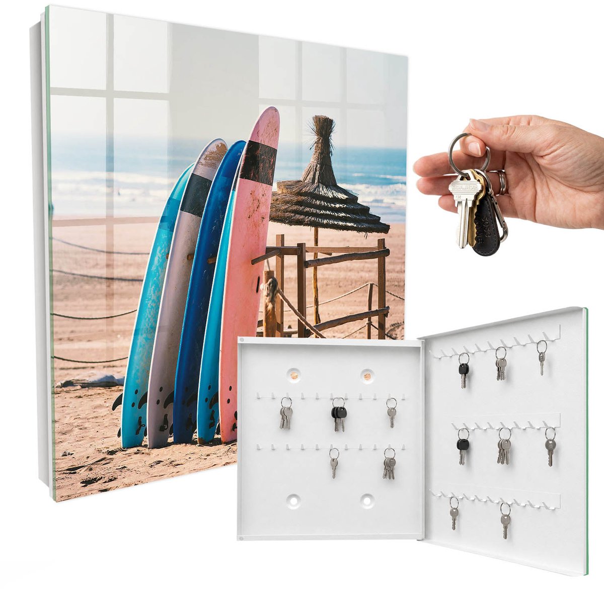 WallMuralia - Sleutelkast - 30x30x5 cm - met 50 haken - Strand Surfplanken Sleutelkastje Landelijk - Blauw Sleutelbox - Rechtsopenend - Wit interieur