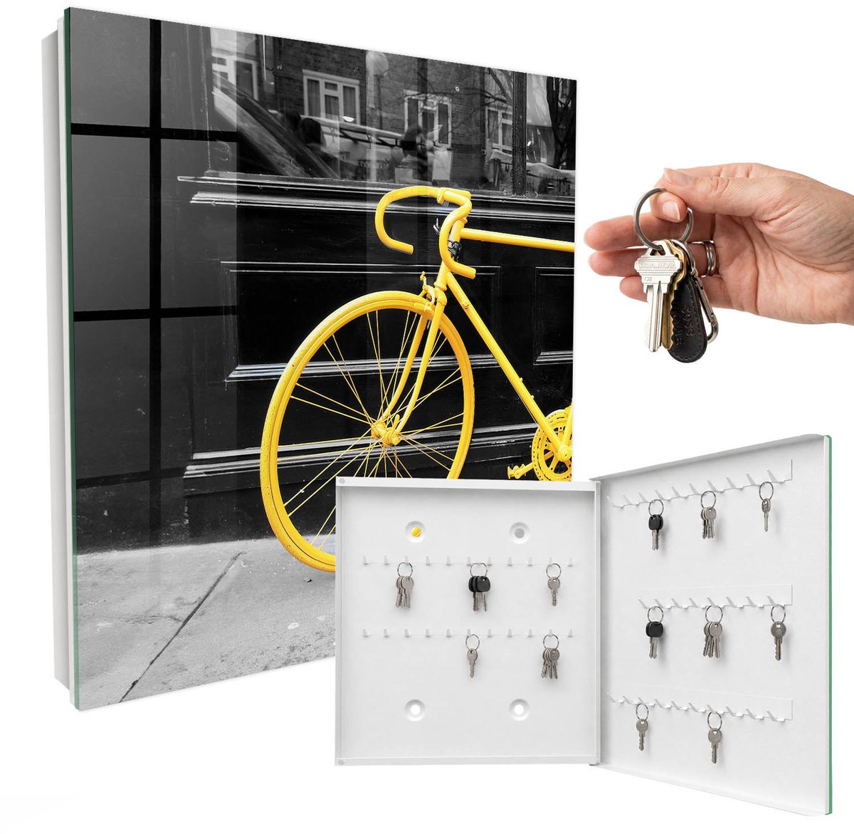 WallMuralia - Sleutelkast - 30x30x5 cm - met 50 haken - Gele Fiets Sleutelkastje Klein - Geel Sleutelbox - Rechtsopenend - Wit interieur