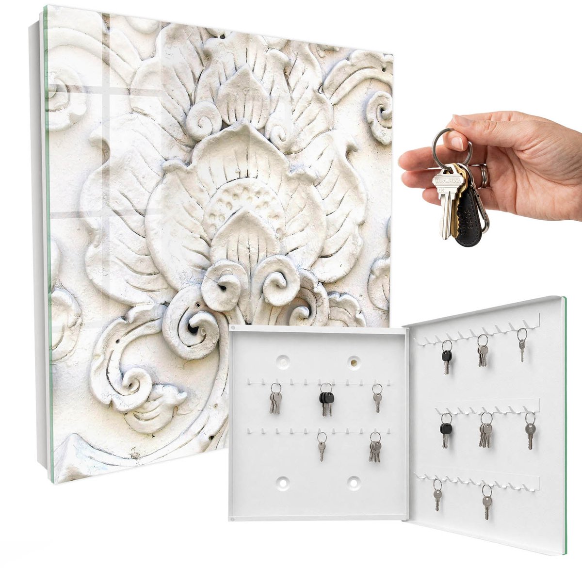 WallMuralia - Sleutelkast - 30x30x5 cm - met 50 haken - Bloemornamenten Sleutelkastje Design - Wit Sleutelbox - Rechtsopenend - Wit interieur