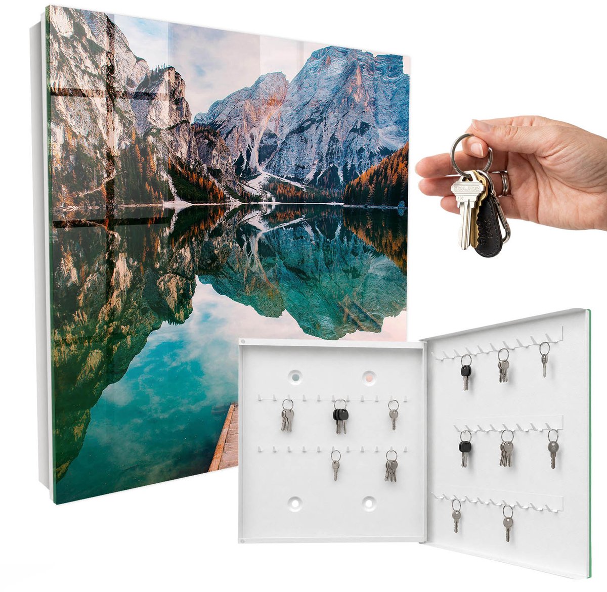 WallMuralia - Sleutelkast - 30x30x5 cm - met 50 haken - Berglandschap Sleutelkastje Muur - Groente Sleutelbox - Rechtsopenend - Wit interieur