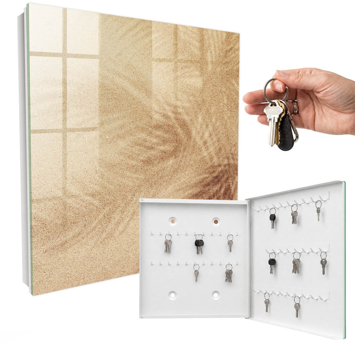 WallMuralia - Sleutelkast - 30x30x5 cm - met 50 haken - Schuimsporen Sleutelkastje Huis - Beige Sleutelbox - Rechtsopenend - Wit interieur