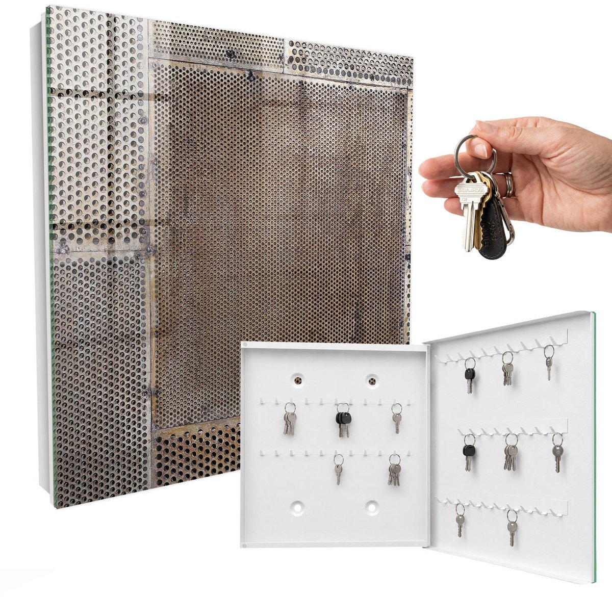 WallMuralia - Sleutelkast - 30x30x5 cm - met 50 haken - Industrieel Patroon Sleutelkastje - Bruin Sleutelbox - Rechtsopenend - Wit interieur