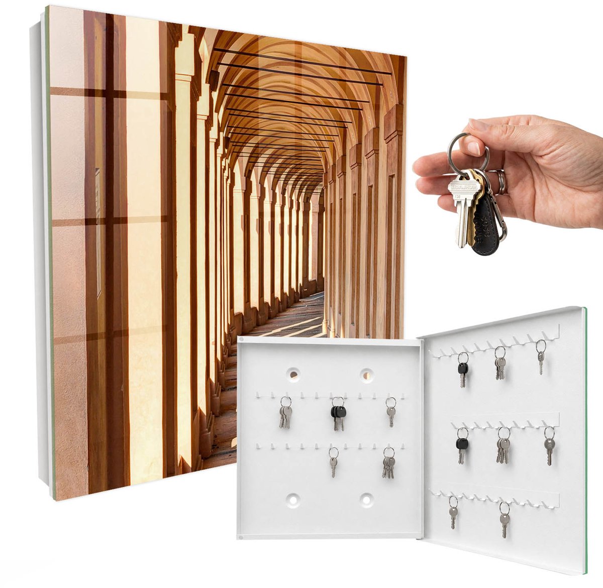 WallMuralia - Sleutelkast - 30x30x5 cm - met 50 haken - Architectonische Elegantie Sleutelkastje Binnen - Beige Sleutelbox - Rechtsopenend - Wit interieur