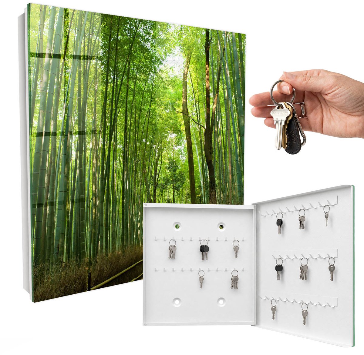 WallMuralia - Sleutelkast - 30x30x5 cm - met 50 haken - Bamboe Pad Sleutelkastje Hal - Groente Sleutelbox - Rechtsopenend - Wit interieur